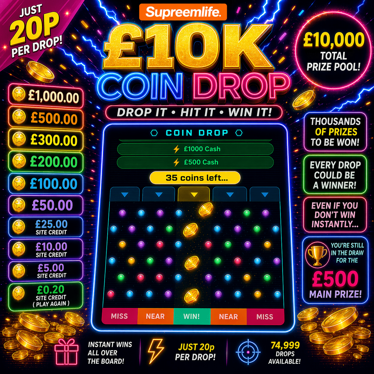 BRAND NEW FEATURE! 20p COIN DROP! - Supreemlife Competitions